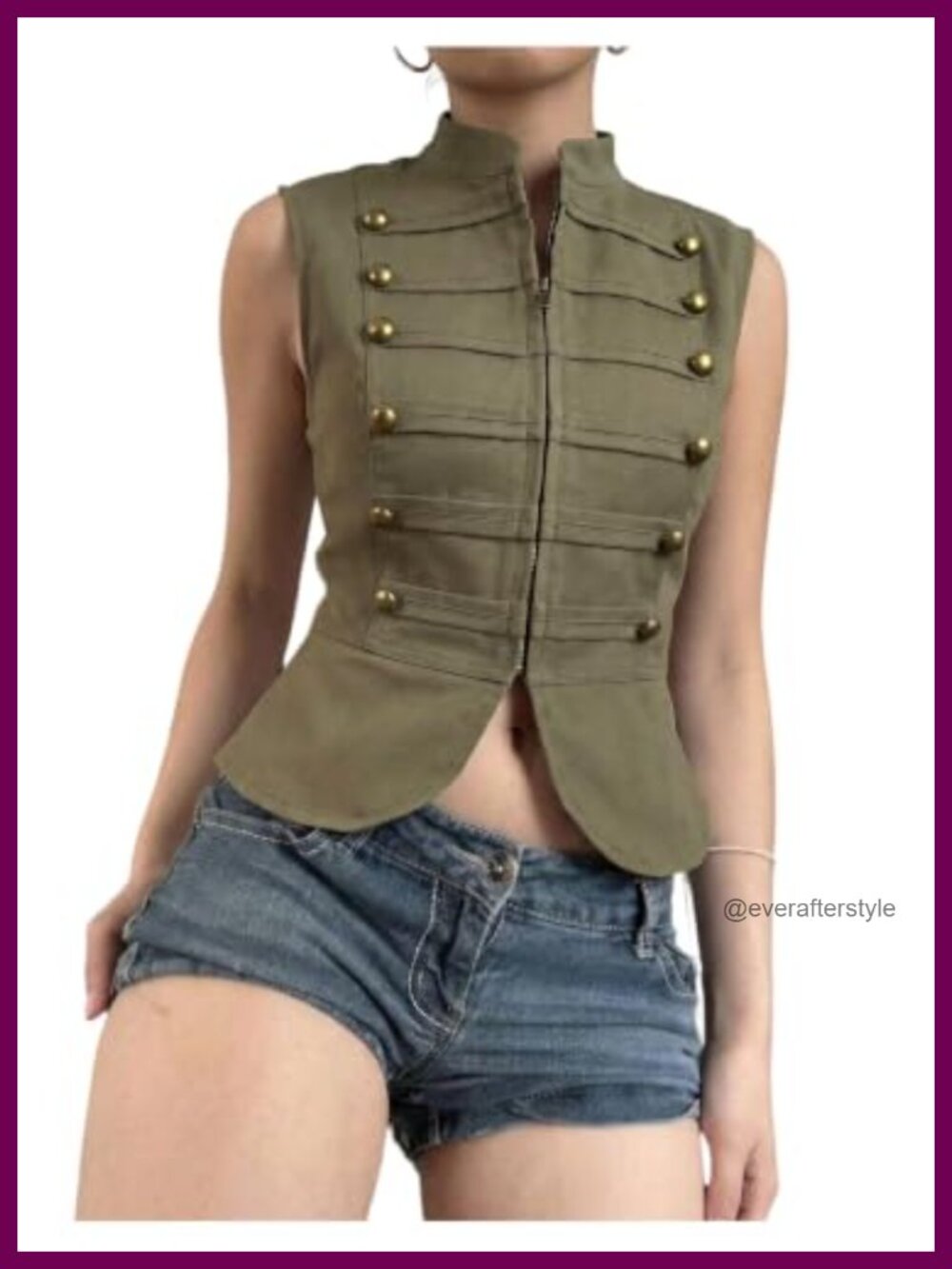 Women's Napoleon Vest Mock Neck Zip Up Button Sleeveless Military Outerwear